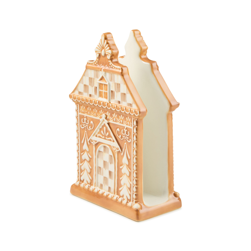 Mocha Check Gingerbread Napkin Holder made of dolomite with white icing-style details.
