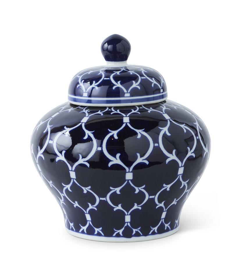 Ceramic ginger jar with blue quatrefoil lid on white base