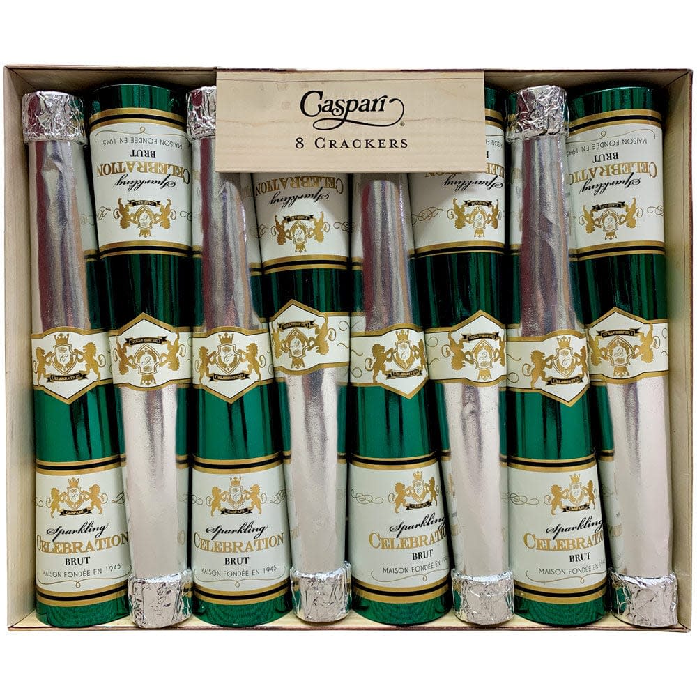 Box of eight 10-inch sparkling wine bottle-shaped luxury cone crackers by Caspari.