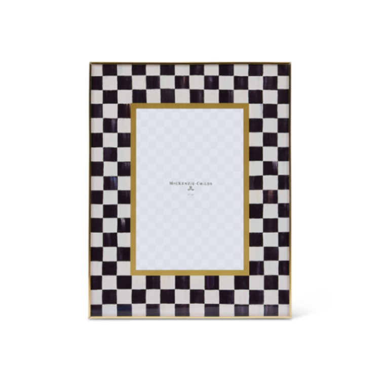 Black and white checkered glass 4x6 photo frame with brass edges and a velvet easel back.