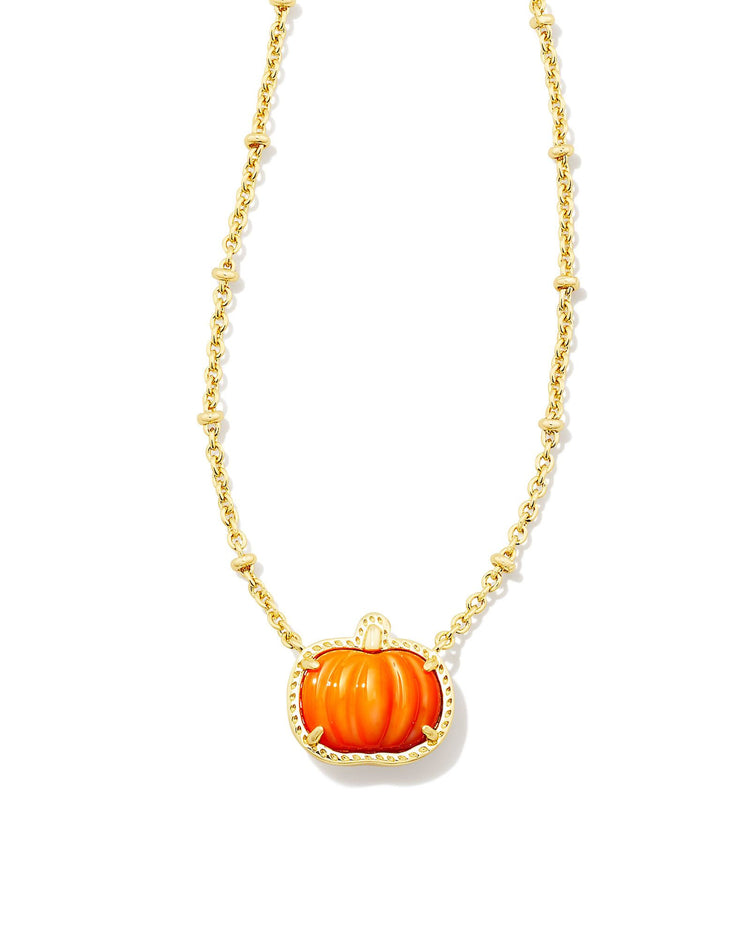 Gold-tone short pendant necklace featuring an orange Mother-of-Pearl pumpkin charm.