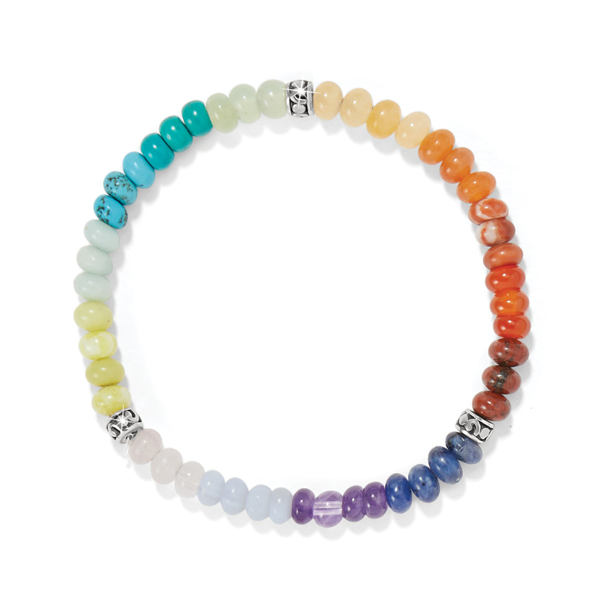 Silver plated stretch bracelet featuring multi-colored fine quality crystals and beads with a silver ombre pattern.