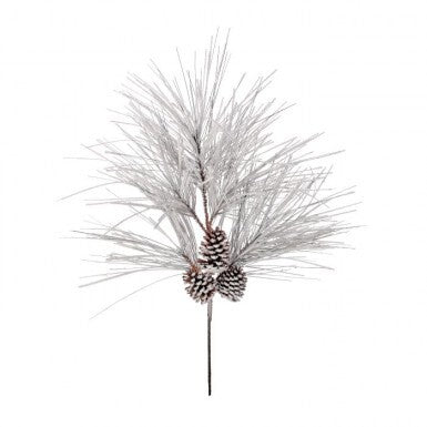 36-inch long snow-covered pine spray with three pine cones on a single stem.