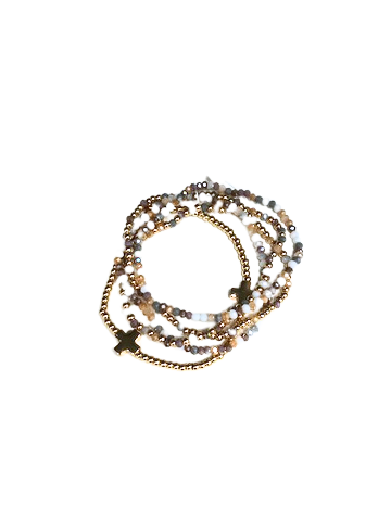 Set of five multi-strand stretch bracelets with gold beads, neutral crystals, and cross charms.