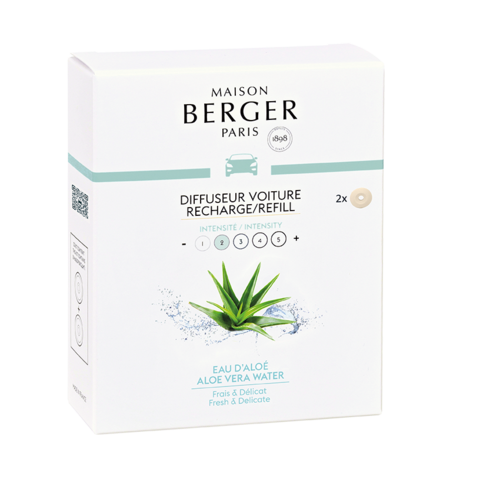 Maison Berger Paris car diffuser refill box with aloe vera scent, showing intensity levels and two refill discs.