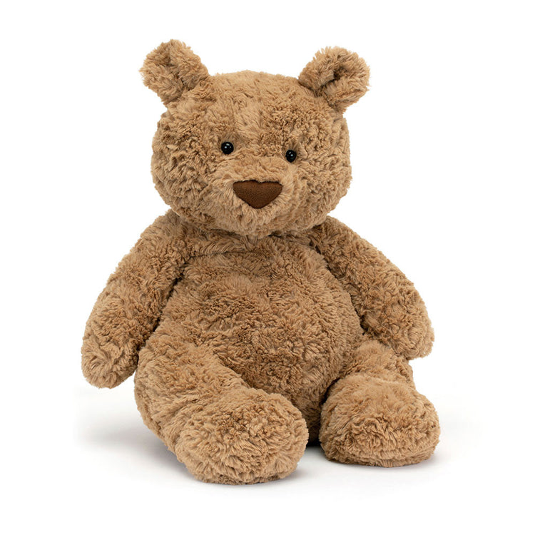 Large Bartholemew Bear plush toy in brown polyester with PE bean filling.