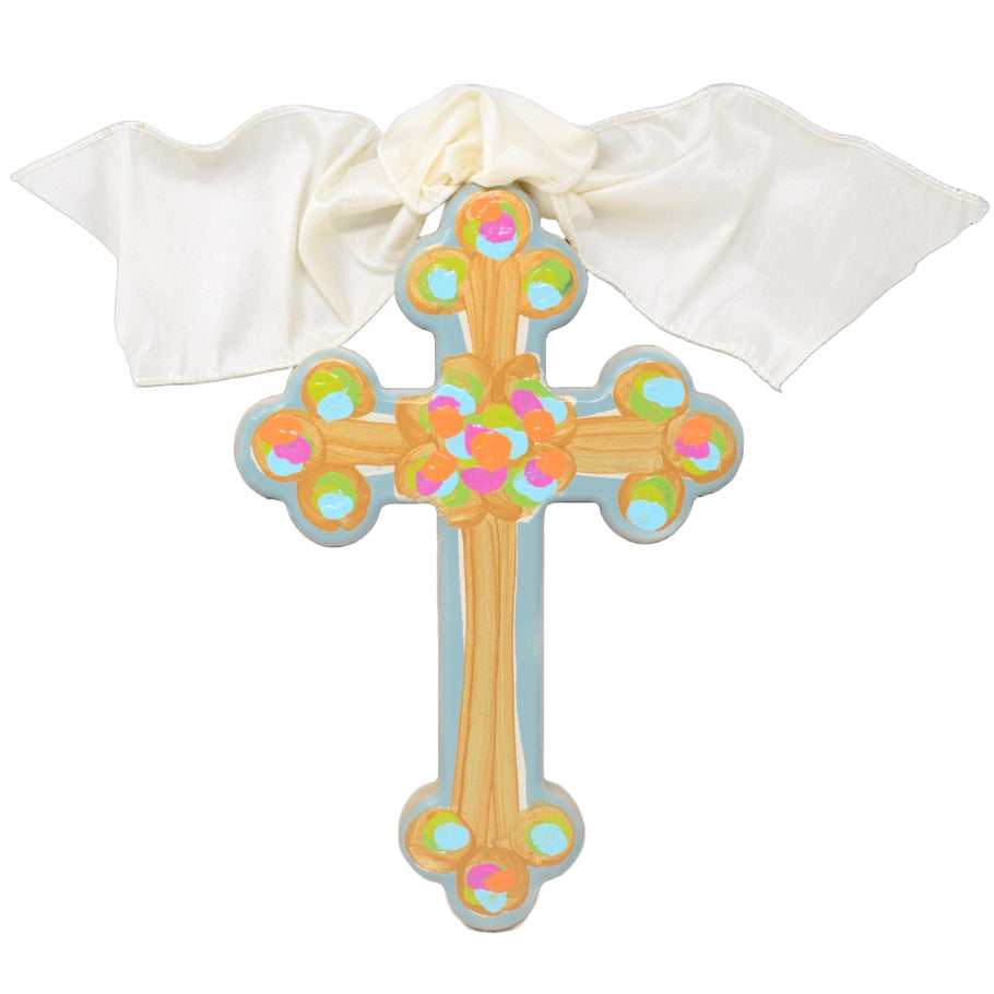 Hand-painted MDF cross with a satin bow top, gold back paint, artist signature.