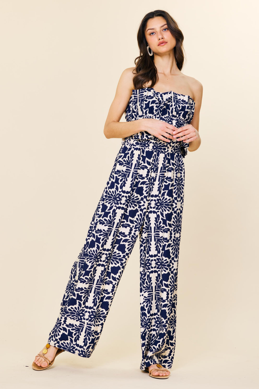 Avery Printed Wide Leg Strapless Jumpsuit