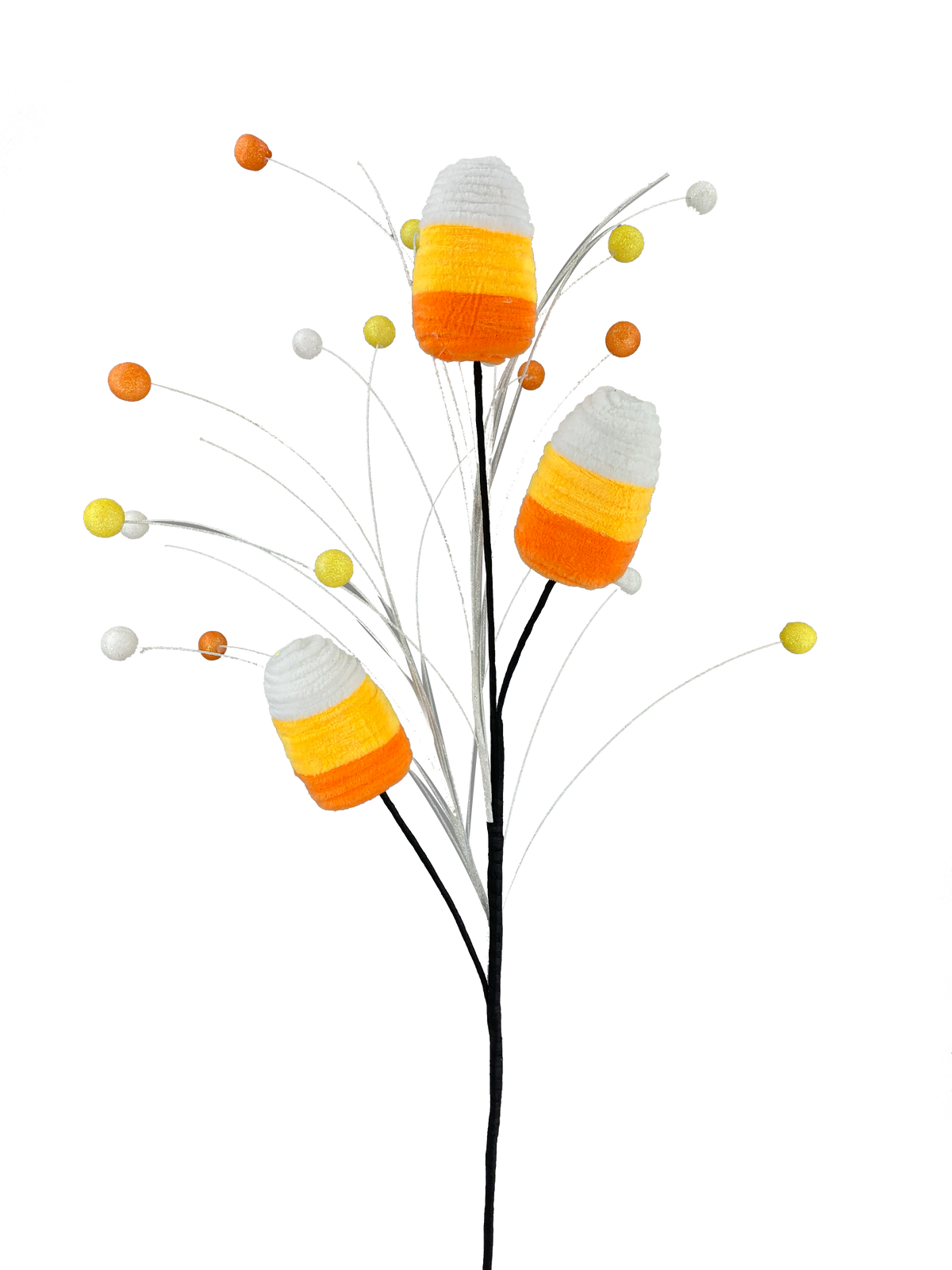 29-inch Chenille Candy Corn Spray with three candy corn pieces and colorful glitter balls.