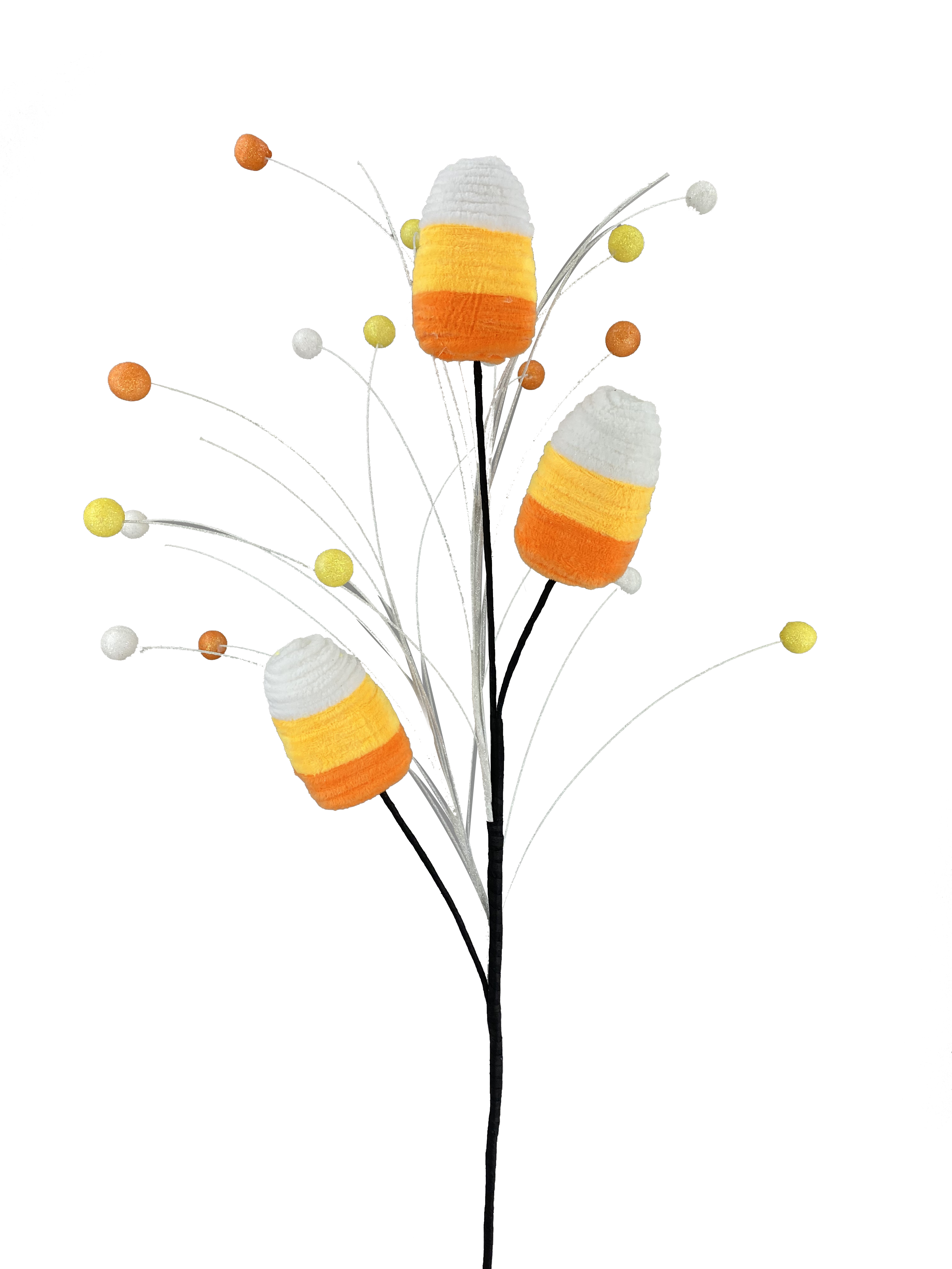 29-inch Chenille Candy Corn Spray with three candy corn pieces and colorful glitter balls.
