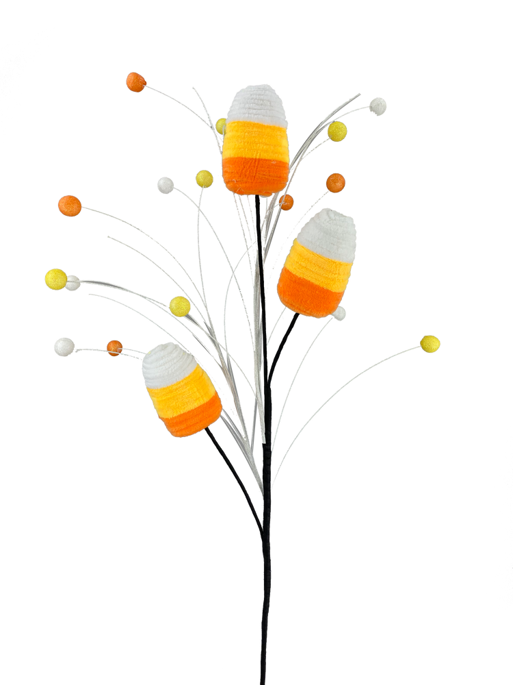 29-inch Chenille Candy Corn Spray with three candy corn pieces and colorful glitter balls.