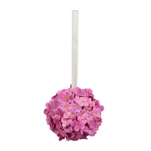 7-inch pink polyester hydrangea ball ornament with wood base
