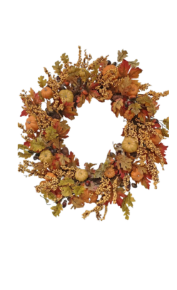 32-inch autumn wreath featuring orange and green pumpkins, fall leaves, and golden berries.