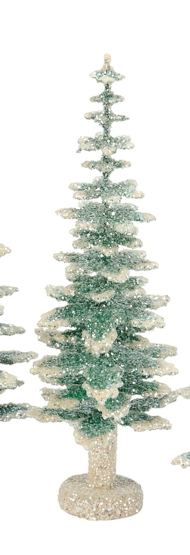 Paper Evergreen tree with mica glitter accents in green standing on a flat surface.
