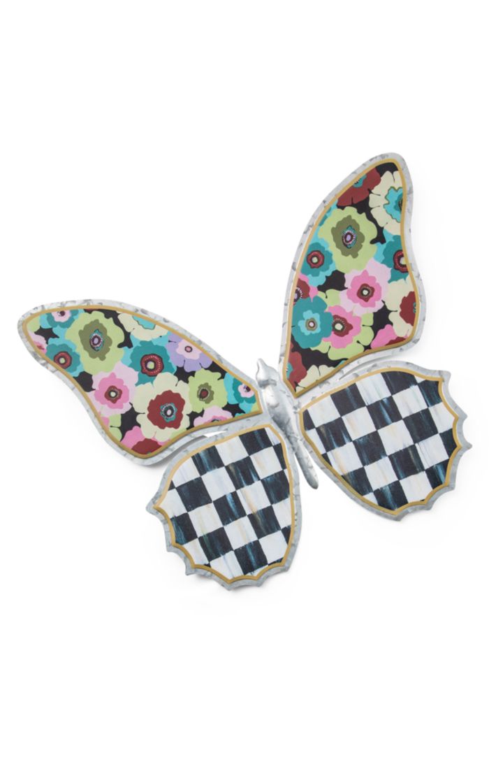 Galvanized metal butterfly wall decor with colorful finish measuring 16 inches wide.