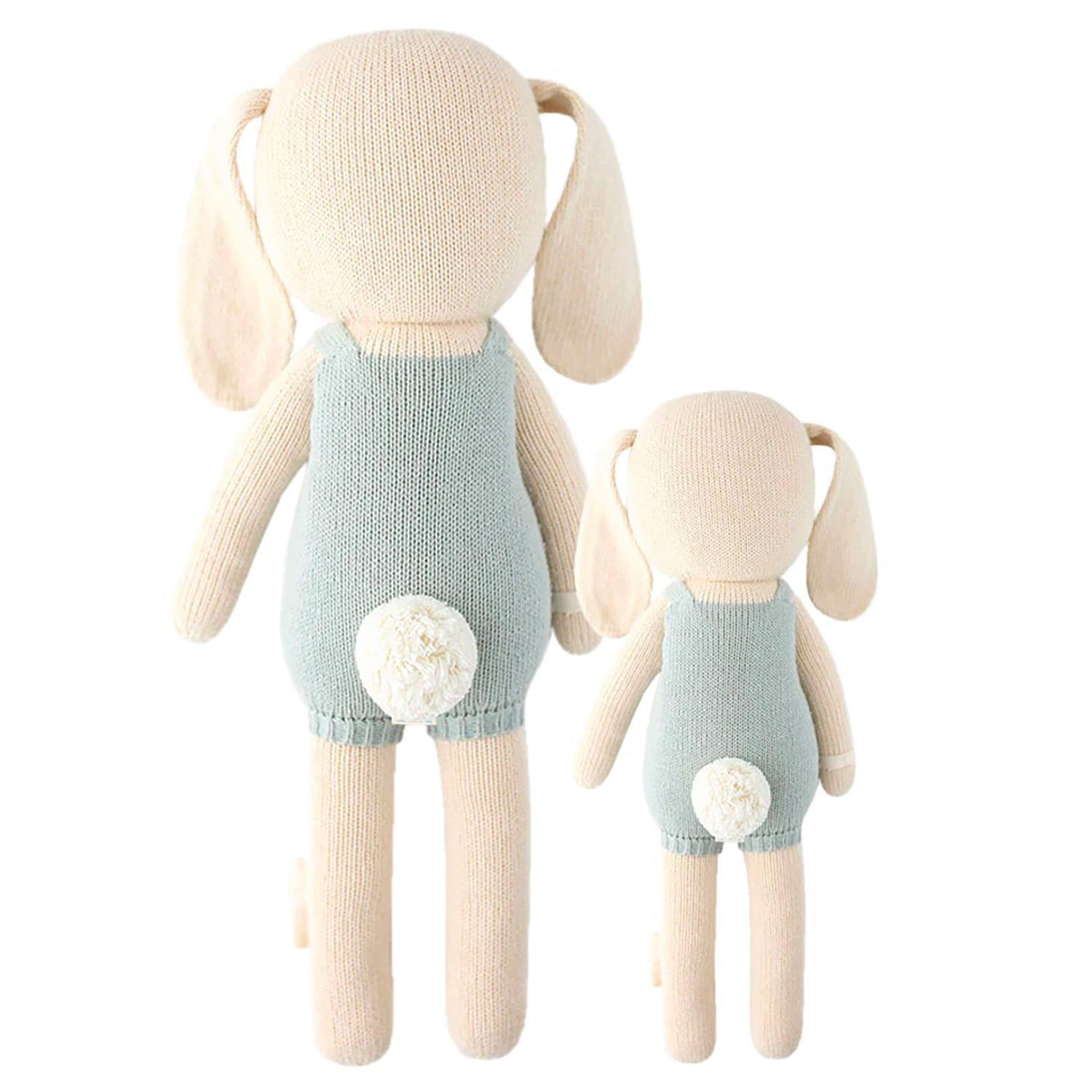 Hand-knit Henry the Bunny plush toy in cream cotton with felt ears, stuffed polyfill, and a signature wristband.
