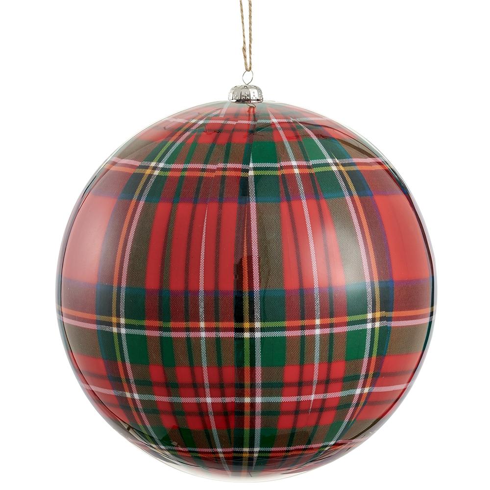 8-inch red and green plaid plastic ball Christmas ornament with a silver cap and hanging string.