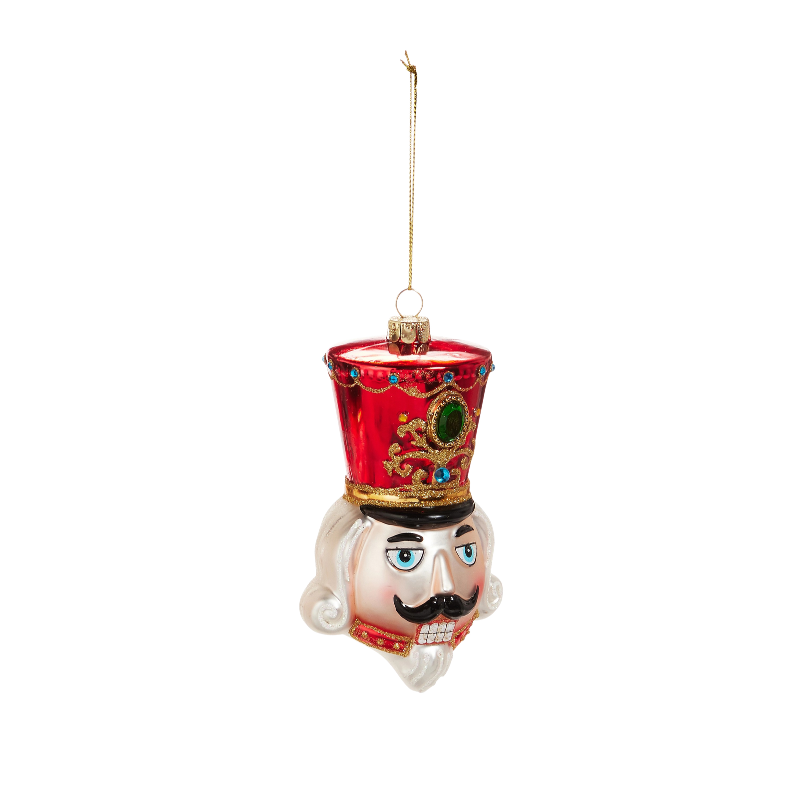 4.75-inch glass nutcracker head ornament with a red glittered hat and white beard.