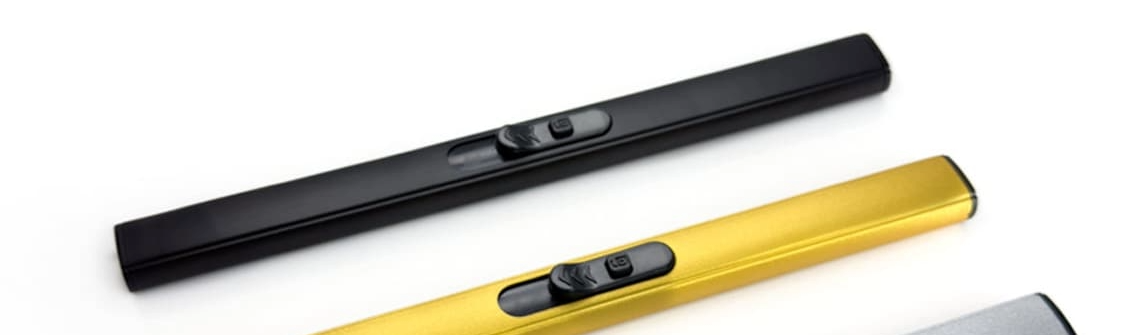 Black electronic lighter with USB rechargeable feature and dual safety switches.