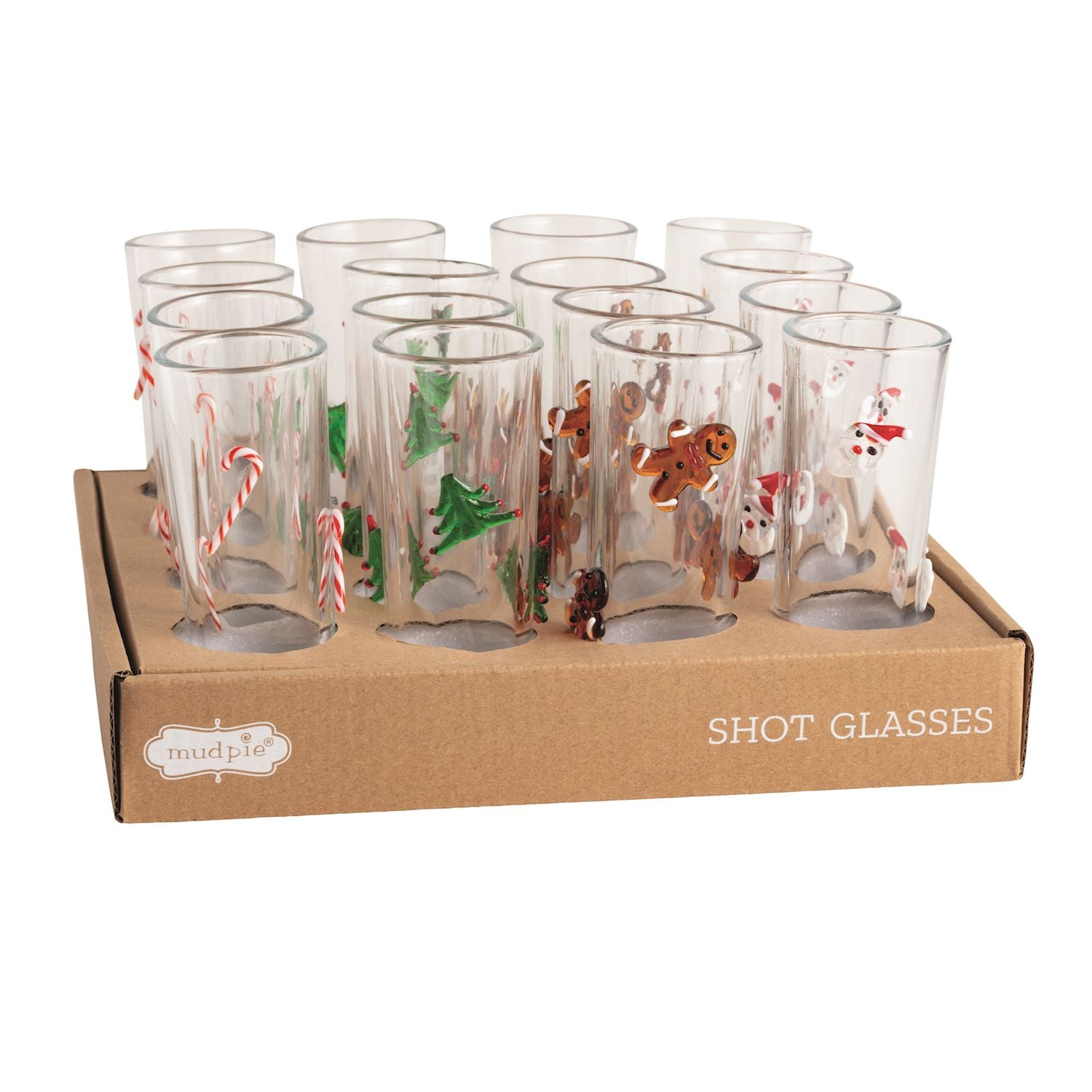 Red Christmas shot glass with white snowflake patterns on a clear base.