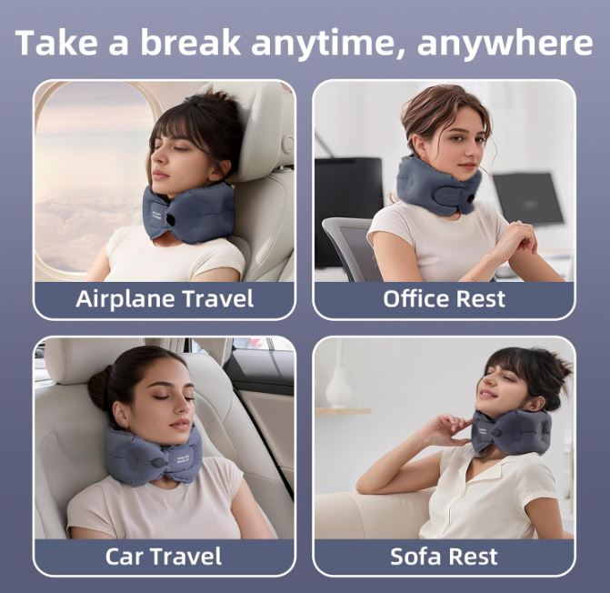 Light gray inflatable neck pillow with ergonomic support in a compact storage case.