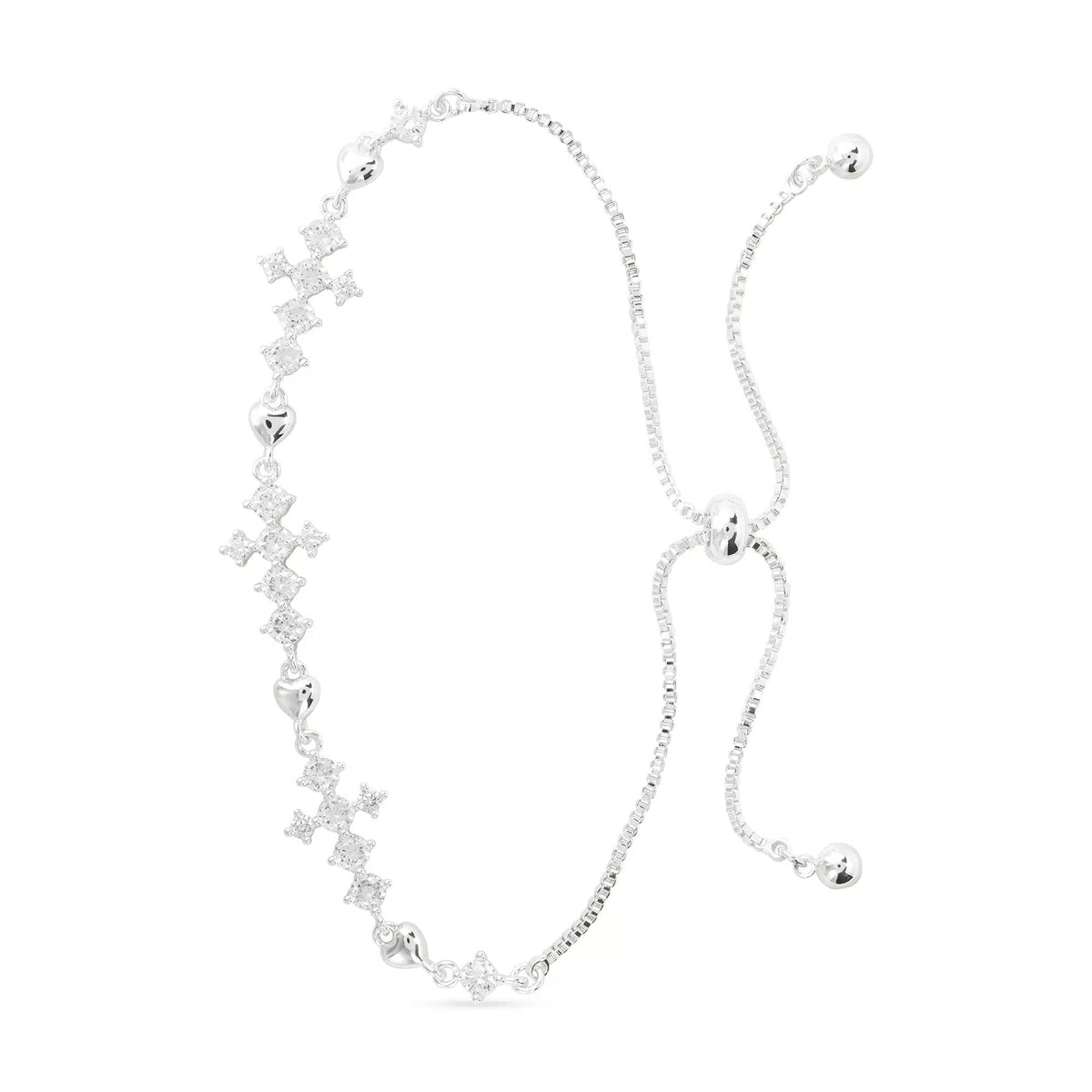 Silver pull-cord bracelet with CZ-accented cross and heart charms on a white background.