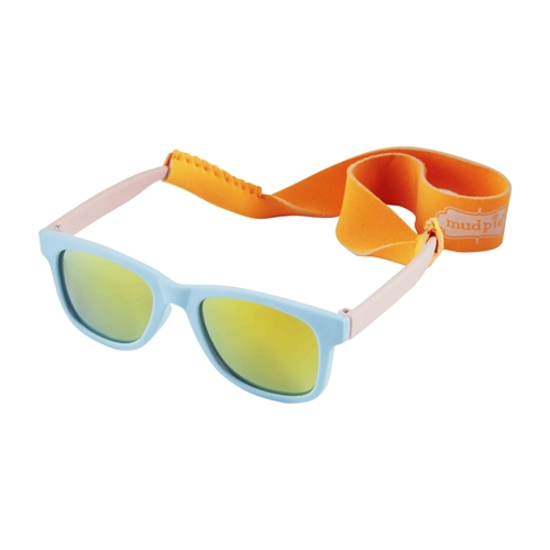 Toddler sunglasses with green and blue plastic frames on a removable neoprene strap.