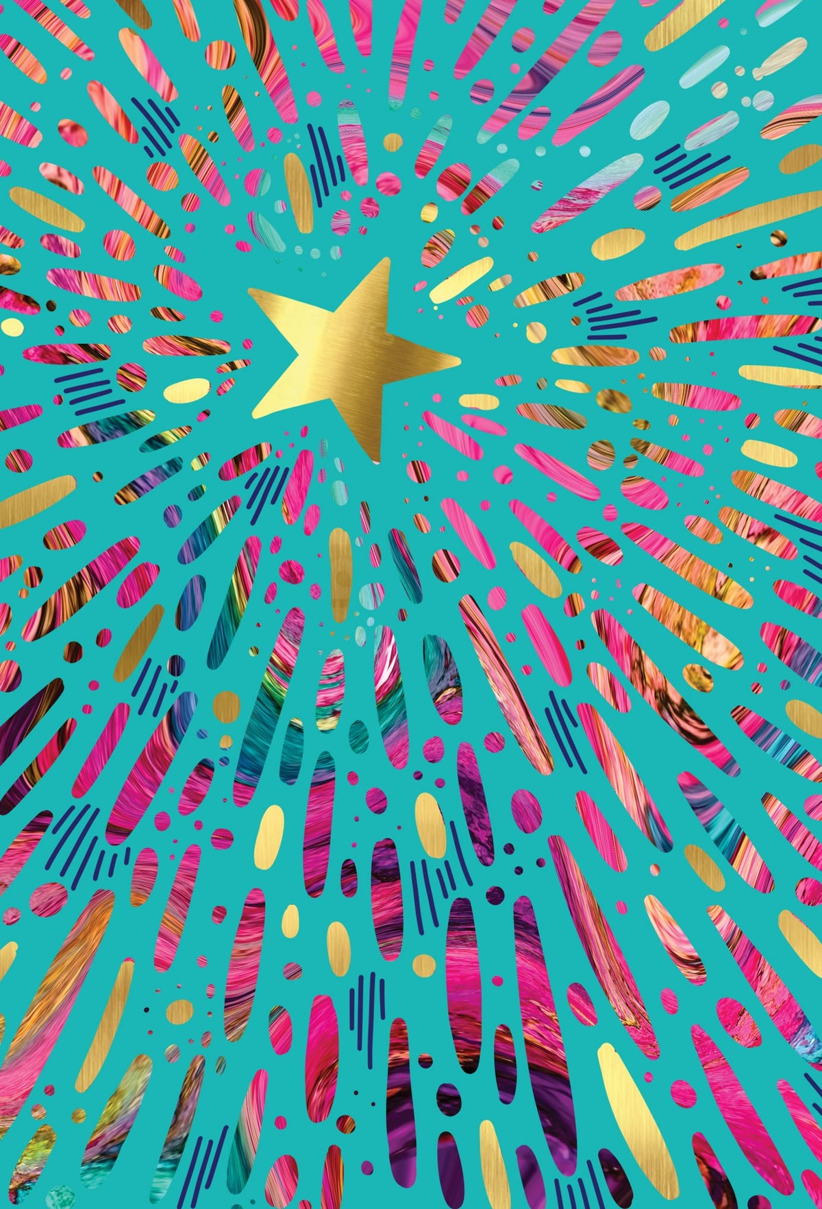 Congratulations card with a gold star centered in a colorful pink and gold burst on a teal background