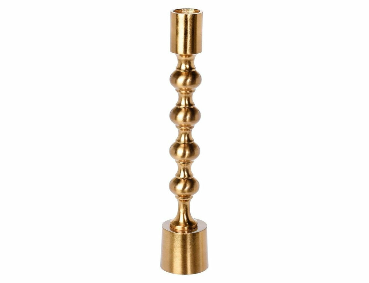Tall gold metal candle holder with a stacked spherical stem and a cylindrical base.
