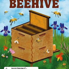 Illustration of a wooden Build-Your-Own Beehive with bees and flowers in a field.