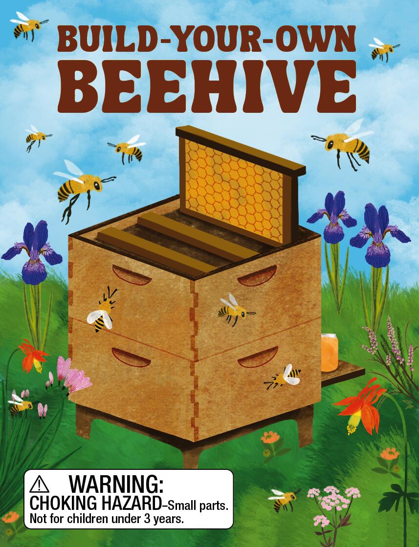 Build-Your-Own Beehive kit illustration showing a wooden hive with bees, flowers, and honey jars.