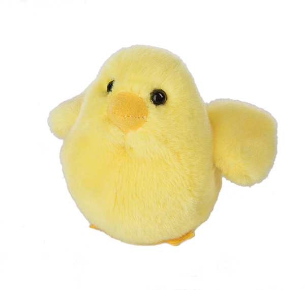 Plush yellow chick toy, 3.5 inches tall, with black eyes and an orange beak.