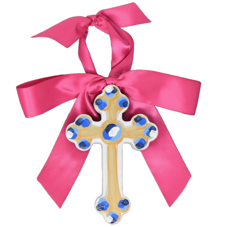 6-inch Hallelujah cross made of gold-painted MDF with a satin bow.