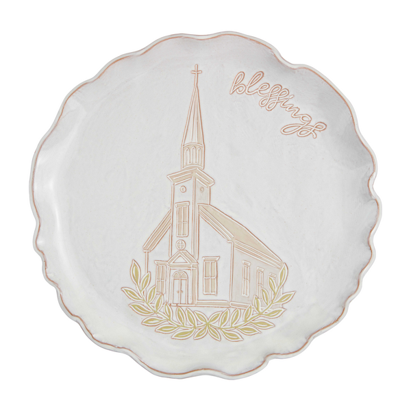 White ceramic Church Blessing Platter with a debossed church illustration and 'blessings' script.