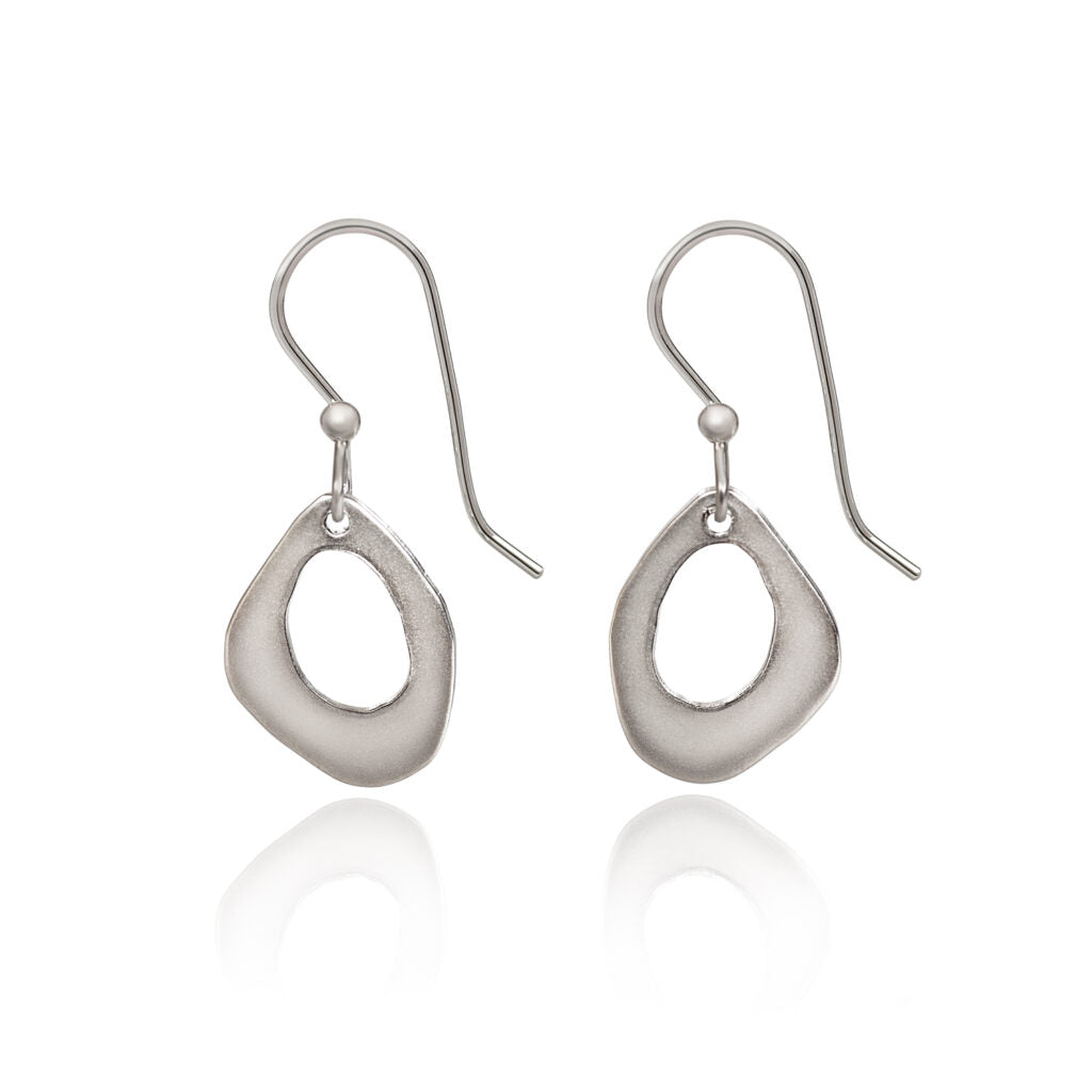 Pair of silver open organic shape drop earrings with a matte finish on fishhook earwires.