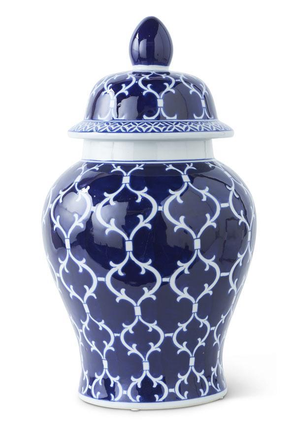 Ceramic ginger jar with blue quatrefoil lid on white base