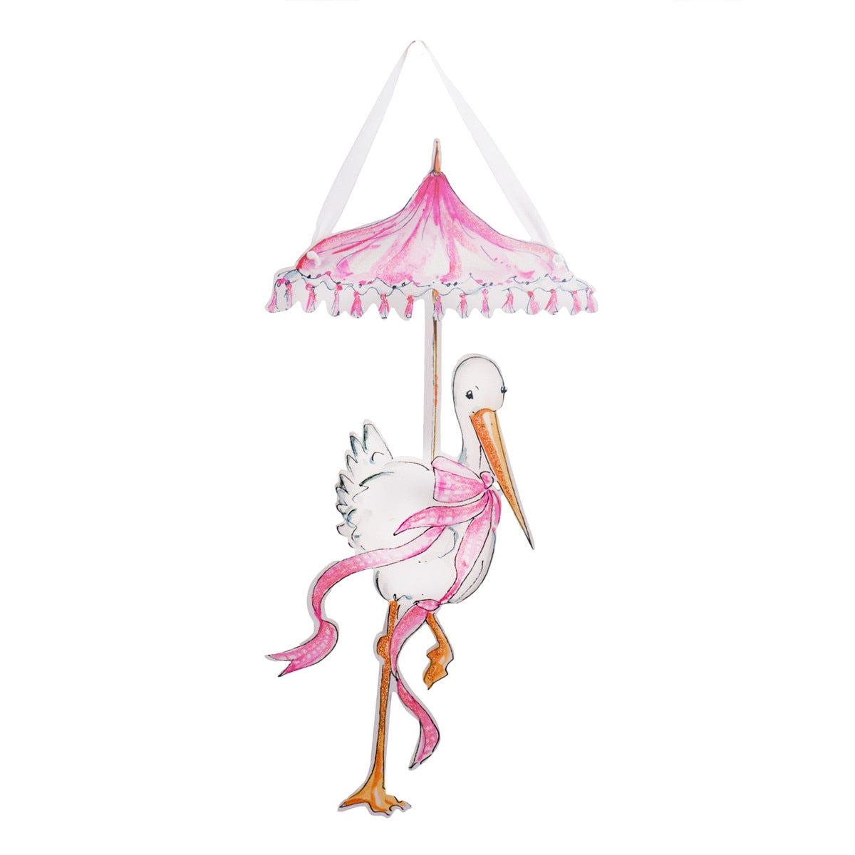 Beck's Stork door hanger in natural wood finish with a carved stork silhouette and hanging loop.