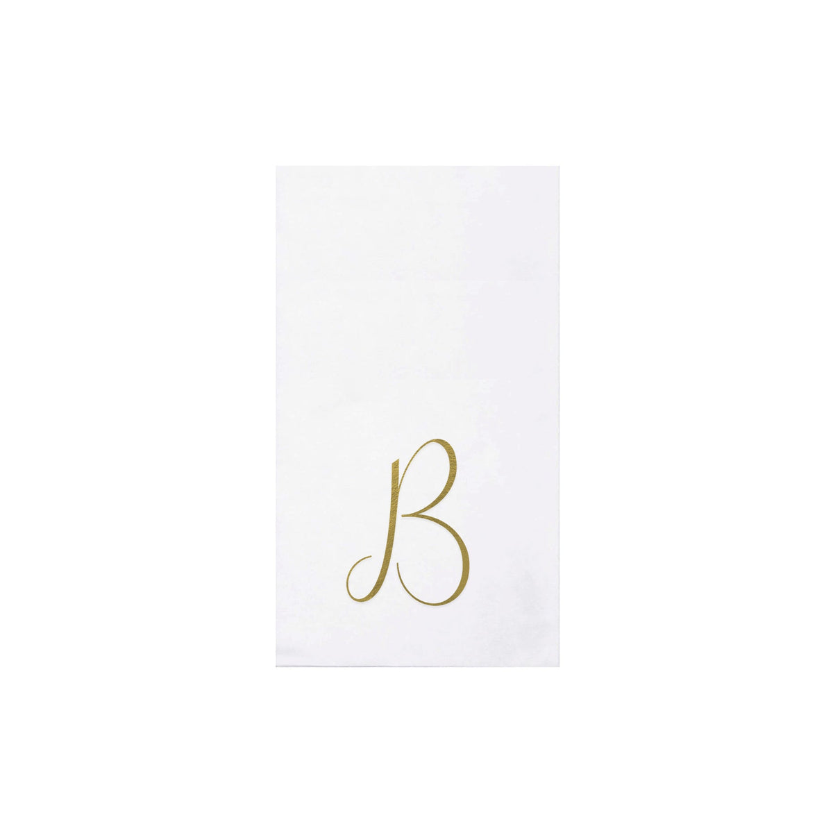 Folded gold monogram guest towels made from absorbent spunlace material.