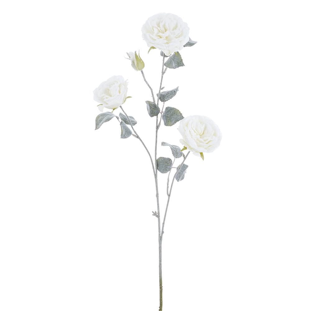 32-inch white snowed rose spray with three blooms and one bud on a frosted green stem.