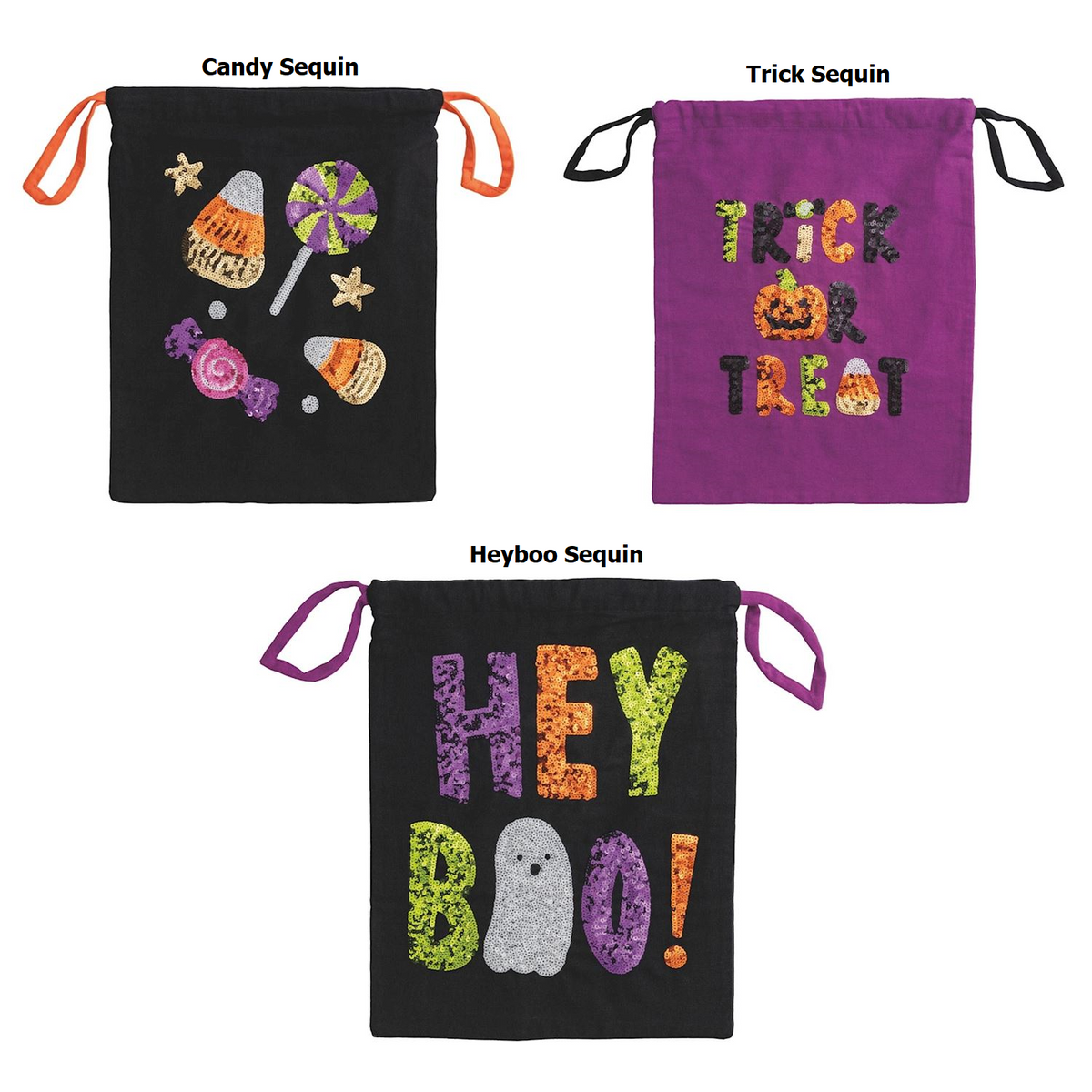 Three sequin Halloween treat bags in black and purple with candy, ghost, and pumpkin designs.