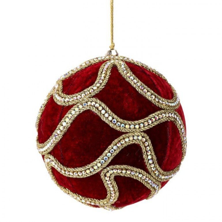 Dark red velvet ornament with a jeweled ball center on a five-inch silhouette.