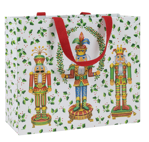 Large horizontal gift bag with cheerful colorful prints on durable paper featuring strong handles.