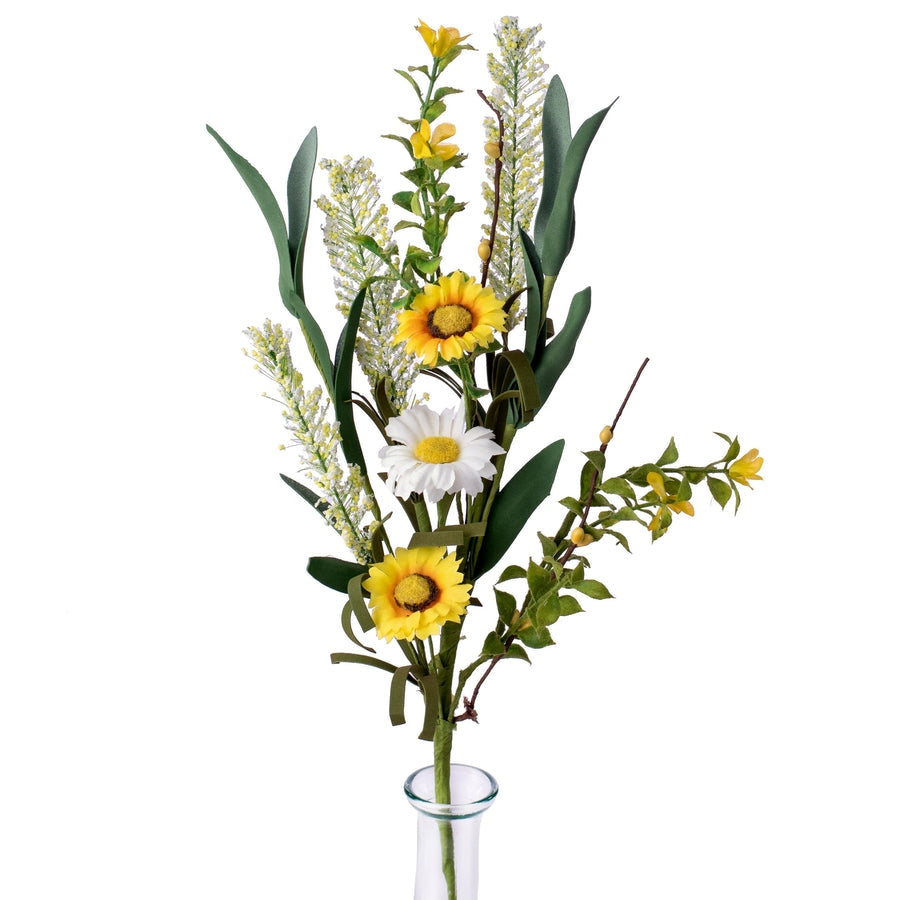 Decorative floral arrangement with miniature sunflowers, white daisy, yellow cattail pips, and tiny blooms on a wired stem wrapped in green paper.