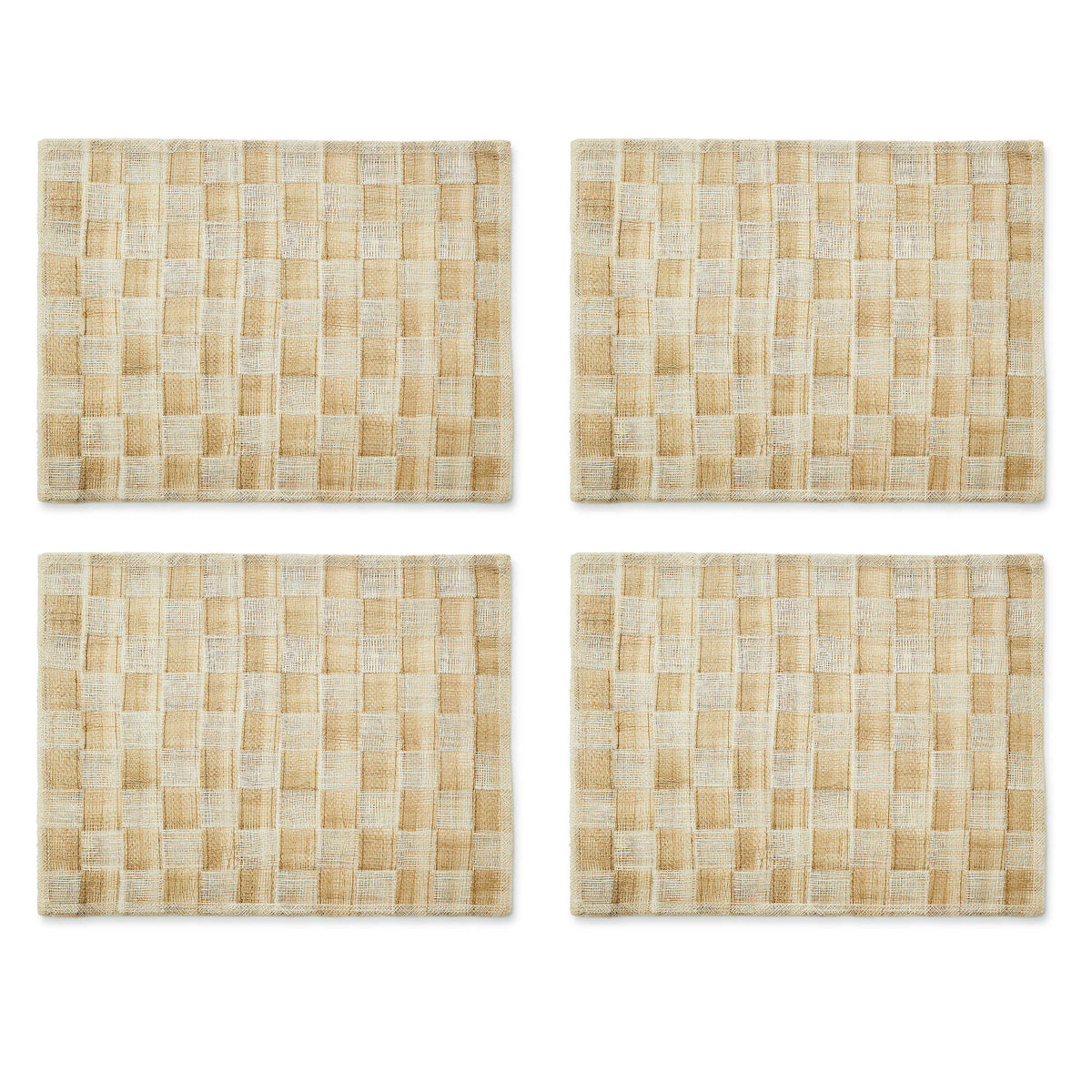 Set of four rectangular Sinamay placemats with a woven checkerboard pattern in natural abaca fiber.
