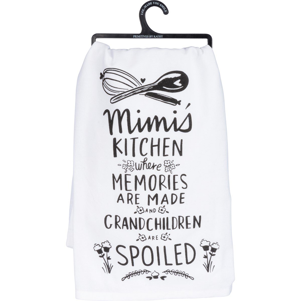 Black cotton kitchen towel with white text reading Remember As Far As Anyone Knows We Are A Nice & Normal Family