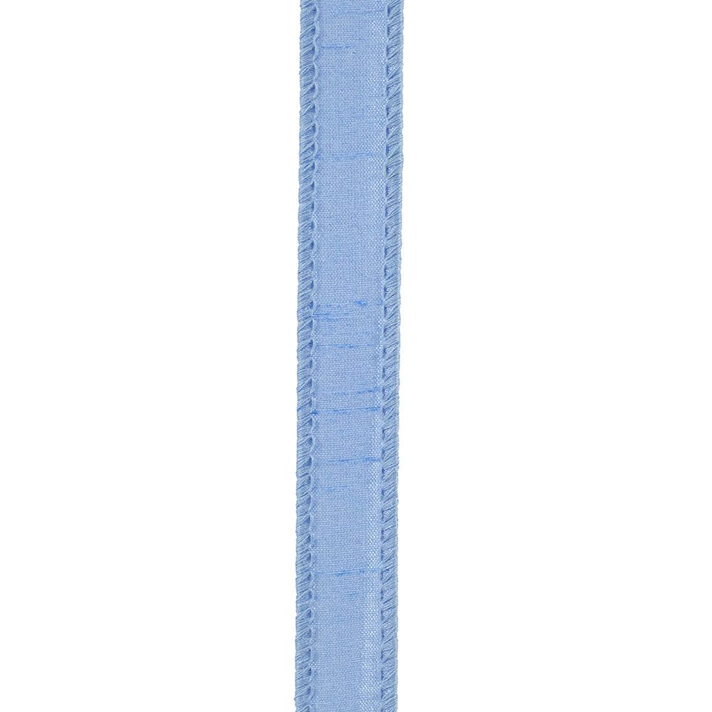 7/8 inch light blue Dupioni Supreme wired edge ribbon with a textured finish.
