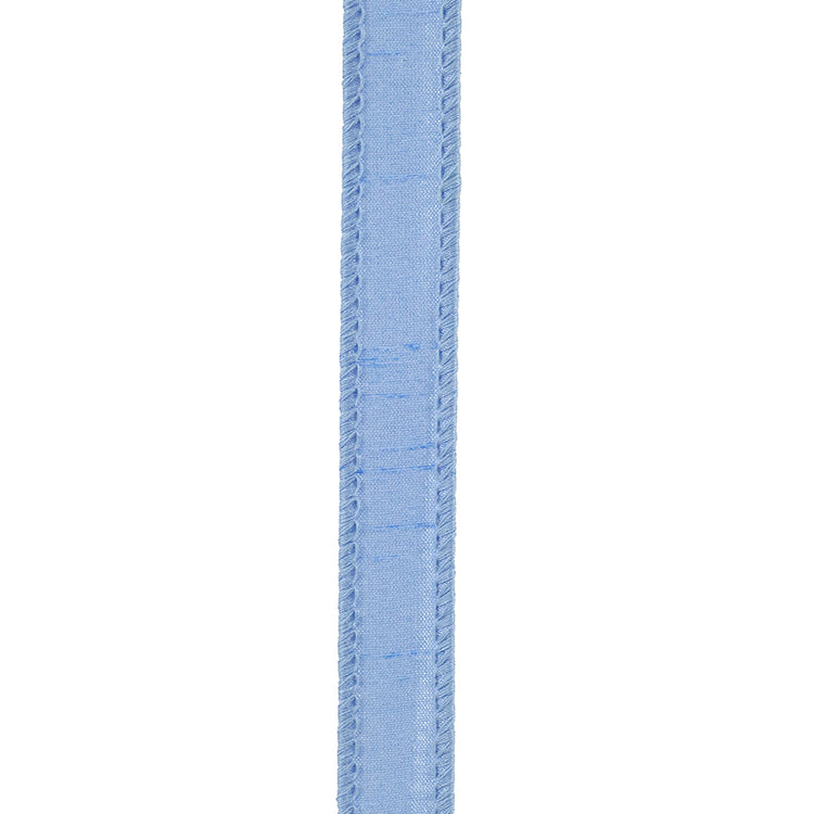 7/8 inch light blue Dupioni Supreme wired edge ribbon with a textured finish.