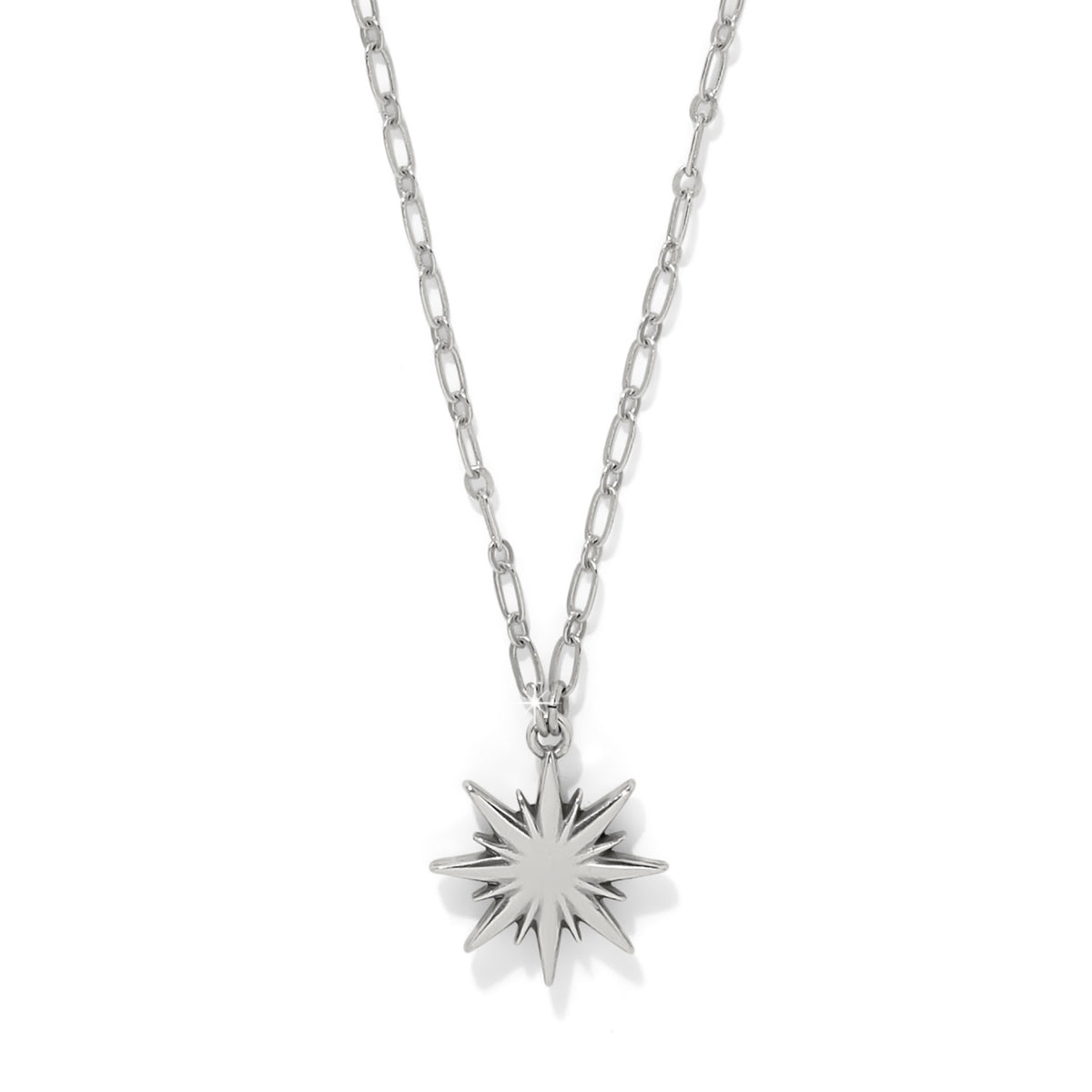 Radiant Star Short Necklace featuring a silver-plated starburst pendant on a link chain.