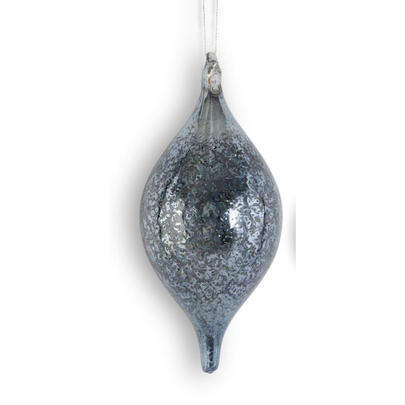 Dark blue mercury glass teardrop ornament with a distressed, speckled finish.