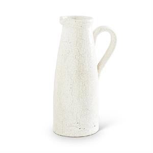 Tall white ceramic pitcher with a crackled glaze finish and a single handle.